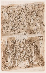 Recto, over: Ung St. Johannes døperen guidet av engler i ørkenen; Recto, under: Sacra Conversazione med Sts. Barbara og Catherine; Verso, over: Cruxifiction; Verso, under: Kristus helbreder lammede nær dammen i Bethesda