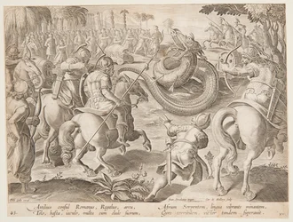 Den romerske konsulen Attilius Regulus kjemper mot en gigantisk afrikansk slange, plate 25 i Wild Hunts-serien