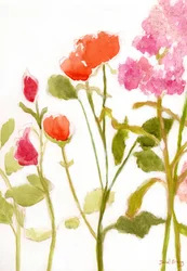 Blomster med oransje og rosa roser, ca. 2024 (akvarell og kasein på papir)