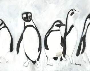 Pingviner i Woodland Park Zoo, ca. 2021 (sumi-blekk og gesso på papir)