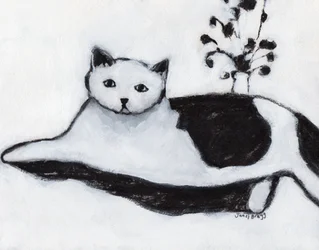Katten Thomas slapper av, ca. 2018 (blandet teknikk på papir)