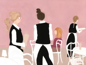 Servitriser fra Cafe Sabarsky i rosa og beige, ca. 2024 (vanntrykk på papir)