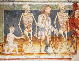 Hrastovlje befestede kirke, Treenighetskirken, Døden som ledsager barn og fattige, Dødsdansen (1490), detalj fra fresker av Janez Iz Kastva (1490), Slovenia