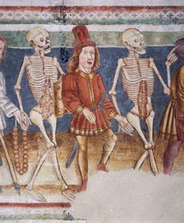 Hrastovlje befestede kirke, Treenighetskirken, Døden som ledsager kjøpmann og velstående bankmann, Dance of Death (1490), detalj fra fresker av Janez Iz Kastva, Slovenia