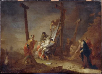 Nedstigningen fra korset. På bunnen av korset, symboler på Jesu Kristi lidenskap: spiker, tornekrone og inskripsjonen INRI (I.N.R.I). Maleri av Johann Rosso Januarius Zick (1730-1797), olje på lerret. tysk kunst