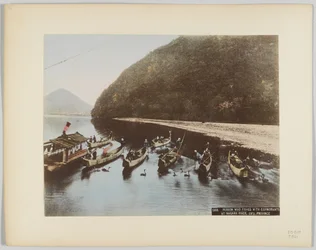Skarvfiske på Nagara-elven, Gifu Prefecture, Japan (håndfarget svart/hvitt-bilde)