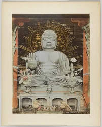 Daibutsu eller bronsebilde, Nara, Japan (håndfarget svart/hvitt-bilde)