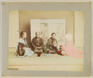 Japansk ekteskapsseremoni (håndfarget s/hv-bilde)