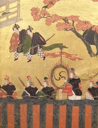 Detalj fra en firebladsskjerm som viser to hoffmenn iført kazaritachi og soldater, Tosa School, Edo Period (farger, blekk, gofun og gull på papir)