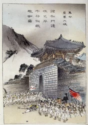 Første kinesisk-japanske krig: Japanske tropper krysser den kinesiske mur (trykk)