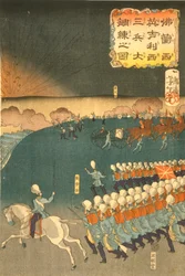 Franske og britiske tropper engasjert i militære treningsmanøvrer, Yokohama, Japan. En del av triptyk av Taiso Yoshitoshi (1839-1892) japansk ukiyo-e-kunstner. Infanteri feltartilleripistol