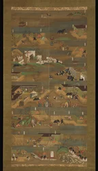 Illustrert biografi om prins Sh?toku, hengende rulle, Kamakura-perioden (1185–1333) (blekk, farge og gull på silke)