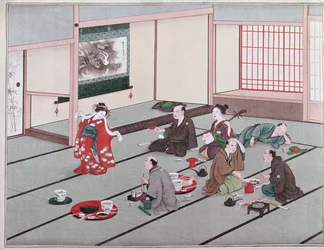 Japanere spiser, drikker og blir underholdt i tehuset (wc)
