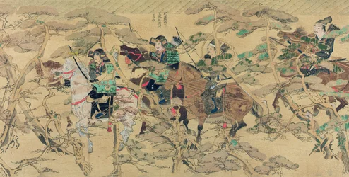 Japanske soldater til hest som rir gjennom en furuskog under den mongolske invasjonen av Japan i 1274, illustrasjon fra magasinet Kokka, mai 1921