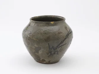 Krukke med design av siv, Saga-prefektur, Momoyama-perioden, slutten av 1500-begynnelsen av 1600-tallet (steintøy med jernpigment under feltspatisk glasur)