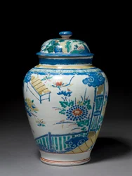 Krukke med tilhørende deksel, ca. 1660-80 (porselen med emaljeoverglasur)