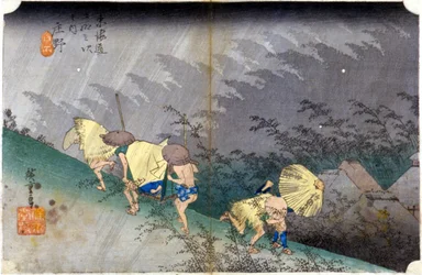 Landskap i regnet. Japansk trykk. sd. 1800-tallet.