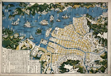 Kart over Nagasaki, Japan, ca. 1868 (farget tresnitt)