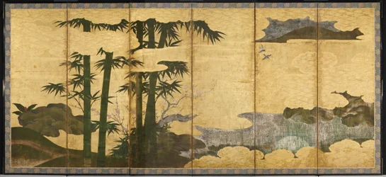 Moonlit Bamboo Grove, tidlig på 1500-tallet (par med seks panelskjermer; blekk, farge og gull på papir)