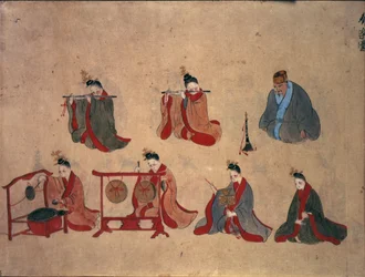 Or.961 fol.5 Sju sittende musikere, fra de musikalske forestillingene til Ryukyu, ca. 1800-50 (penn og blekk og akvarell på papir)