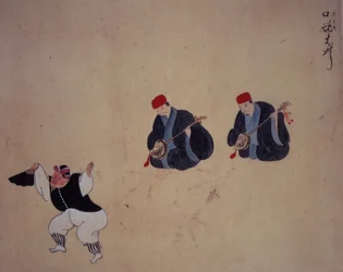 Or.961 fol.9 En danser og musikere, fra 'Musical Performances of Ryukyu (vellum)