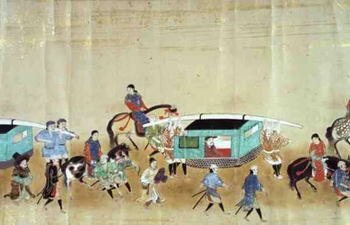 En del av den sjette koreanske ambassaden til Japan på tidspunktet for rekkefølgen i Tokugawa Ietsuna i 1651, muligens av Kano Masanobu (1625-94) 1655-57 (rullemaleri) (se også 120824)