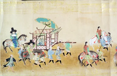 En del av den sjette koreanske ambassaden til Japan på tidspunktet for rekkefølgen i Tokugawa Ietsuna i 1651, muligens av Kano Masanobu (1625-94) 1655-57 (rullemaleri)