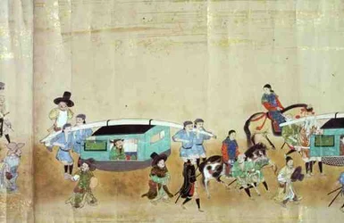 En del av den sjette koreanske ambassaden til Japan i Meireki 1 på tidspunktet for Tokugawa Ietsunas arvefølge i 1651, muligens av Kano Masunobu (1625-94) 1655-57 (rullemaleri)
