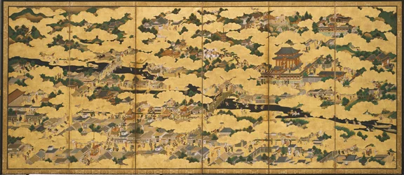 Rakuchu rakugai zu (Scener i og rundt hovedstaden), andre halvdel av 1600-tallet (Blekk, farge og gull på papir)