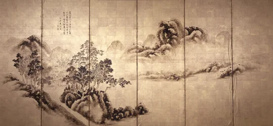Recto: Landscape After Mi Fei, ca. 1810 (blekk på bladgull)