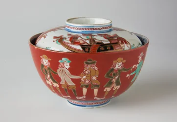 Risskål og deksel, muligens 1800-tallet (Ko-Imari ware, porselen med underglasur blå og overglasur emalje)