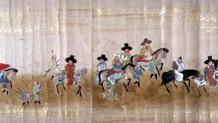 Sjette koreanske ambassade til Japan i Meireki 1 på tidspunktet for Tokugawa Ietsunas arvefølge i 1651, muligens av Kano Masunobu (1625-94) (rullemaleri) (detalj)
