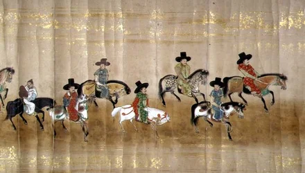 Sjette koreanske ambassade til Japan i Meireki 1 på tidspunktet for Tokugawa Ietsunas arvefølge i 1651, muligens av Kano Masunobu (1625-94) (rullemaleri) (detalj)