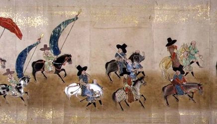 Sjette koreanske ambassade til Japan i Meireki 1 på tidspunktet for Tokugawa Ietsunas arvefølge i 1651, muligens av Kano Masunobu (1625-94) (rullemaleri) (detalj)