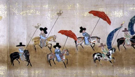 Sjette koreanske ambassade til Japan i Meireki 1 på tidspunktet for Tokugawa Ietsunas arvefølge i 1651, muligens av Kano Masunobu (1625-94) (rullemaleri) (detalj)