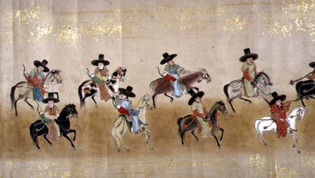 Sjette koreanske ambassade til Japan i Meireki 1 på tidspunktet for Tokugawa Ietsunas arvefølge i 1651, muligens av Kano Masunobu (1625-94) (rullemaleri)