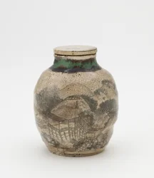 Tebladkrukke for sencha, med matchende lokk, Kyoto-relaterte varer, Tebladkrukke (sencha tsubo)