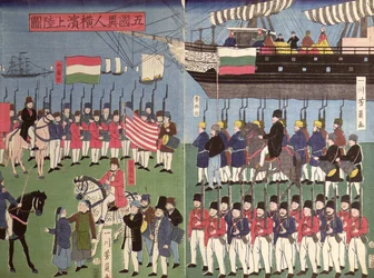 Ankomsten av skvadronen til Commodore Perry til en japansk havn i 1853 (treblokktrykk i farger)