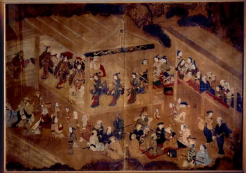 Kabuki-teater: skuespillere på scenen; japansk trykk fra 1700-tallet, Paris, Musée Guimet, Nasjonalmuseet for asiatisk kunst