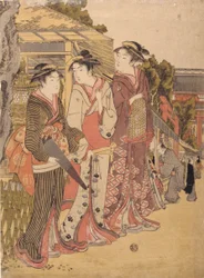 Three Beauties In The Marketplace (farget treblokktrykk)