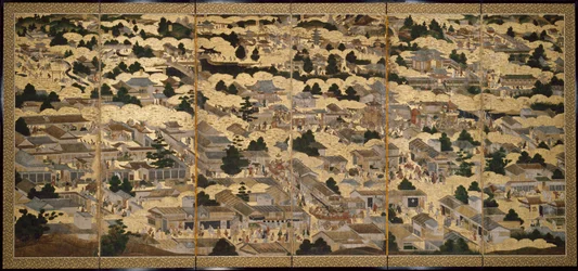 Utsikter i og rundt Kyoto (Rakuchu rakugai zu), ca. 1616–24 (blekk, farge og bladgull på papir)