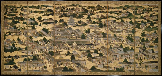 Utsikter i og rundt Kyoto (Rakuchu rakugai zu), ca. 1616–24 (blekk, farge og bladgull på papir)