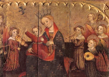 Rom fra en altertavle med jomfruen og barnet og englemusikere, tidlig på 1400-tallet (tempera på tre)
