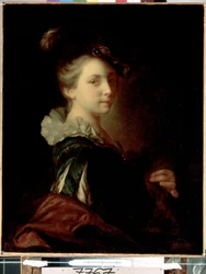 ""ung skuespillerinne i teaterdrakt"" (Ung kvinne i teaterkjole) Maleri av Alexis Grimou (1678-1733) rundt 1730 Dim. 74x59 cm St. Petersburg Eremitagemuseum