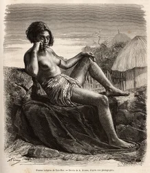 Innfødt kvinne fra Taio-Hae (eller Taio Hae), i skjærgården til markisene, viser nonchalant sine tatoverte ben, gravering etter en tegning av A.Rixens som illustrerer minnene fra Stillehavet, i 1872-1874, av A.Pailhes, et skipsskilt, publisert i «Le t
