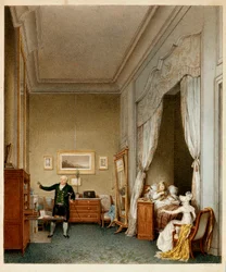 Den keiserlige Maria Louise av Habsburg-Lorraine, imperatrice av Frankrike, på soverommet sitt etter fødselen av kongen av Roma i 1813 (gravering)