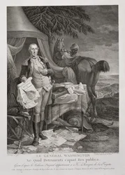 General Washington, Lest the Republic should ta any skade, gravert av Noël Le Mire (1724-1801), ca. 1785 (gravering)