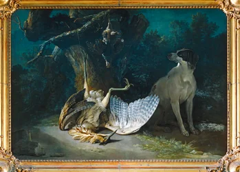 Rørdrum og rapphøne voktet av en hvit hund - Rørdrum og rapphøne voktet av en hvit hund ...