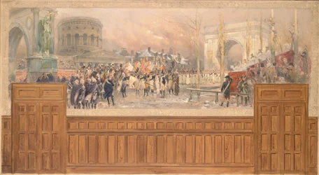 Mottak av Paris kommune, ved barrière de la Villette, av tropper som returnerte fra Polen, etter felttoget 1806–1807, mellom 1901 og 1902 (olje på lerret)