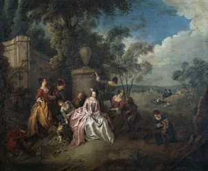 Møte i parken, av Jean-Baptiste Pater (1695-1736), olje på lerret